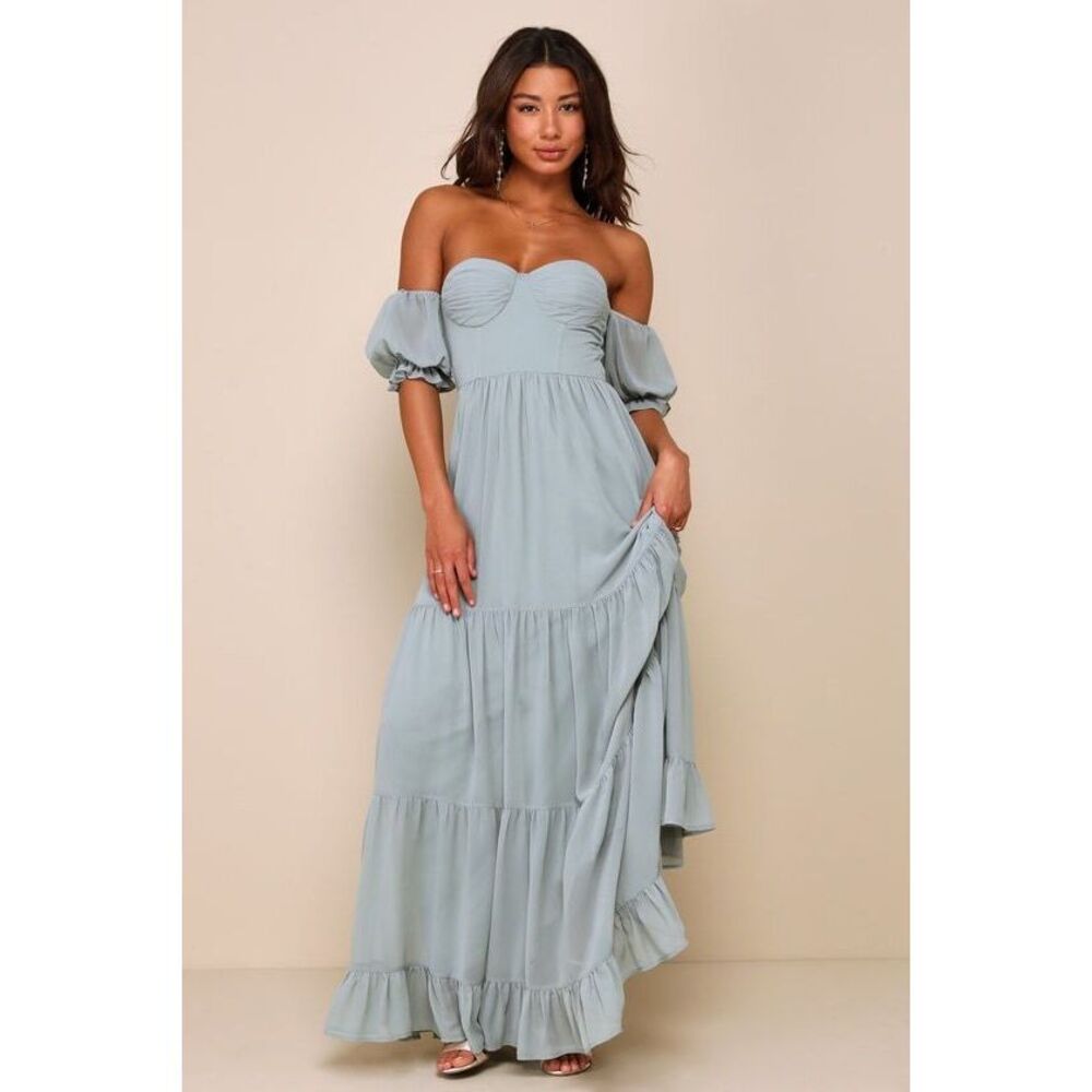 Lulus Exceptionally Gorgeous Sage Chiffon Off-the-shoulder Maxi Dress Green